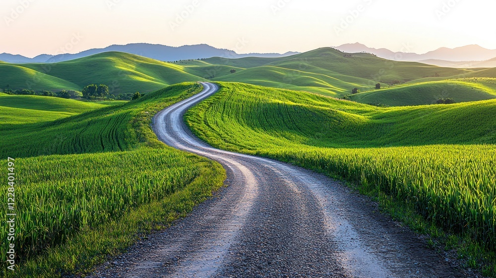 Naklejka premium Winding dirt road through green hills at sunrise