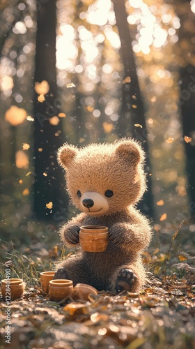 Adorable Toy Bear Surrounded by Tiny Wooden Cups in Autumn Forest