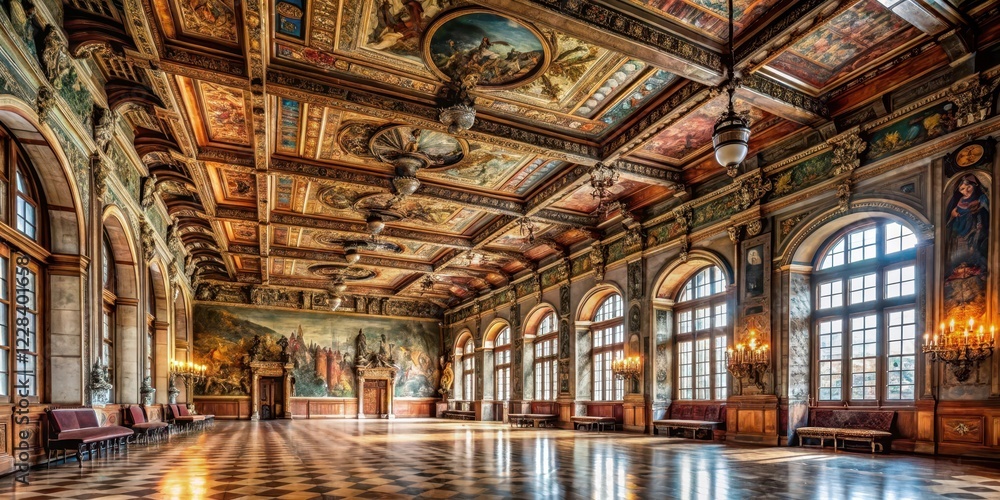 Obraz premium A grand hall with high ceilings, ornate wooden beams, and large windows, adorned with ancient frescoes and tapestries, creating a sense of grandeur and history , grand hall, tapestries