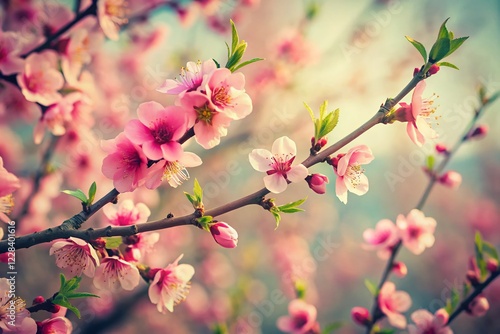 Vintage Peach Blossoms: Springtime Branch Detail Stock Photo