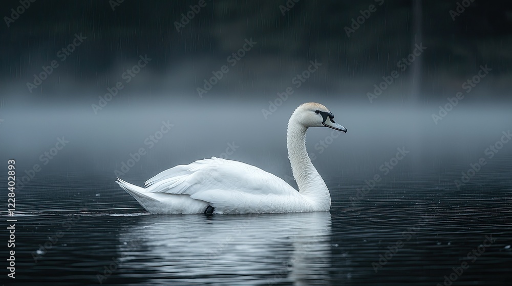 Obraz premium A solitary swan swims in the rain