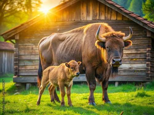 European Bison Calf Nursing Mother Near Wooden Barn, Vama Buzaului Nature Reserve, Romania photo