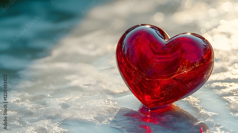 Fototapeta premium Polished transparent red heart shaped object resting on a soft light canvas with minimalistic design elements The heart s glossy reflective surface creates a sentimental evocative atmosphere
