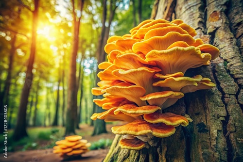 Vintage Photo: Sulphur Shelf Mushroom (Laetiporus sulphureus) Growing on Tree Trunk in Forest photo