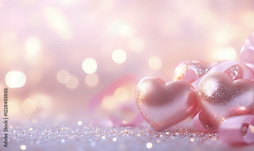Pink metallic hearts on glittery surface with soft bokeh lights background in romantic pastel colors, creating dreamy Valentine's Day or love concept atmosphere. Pink metallic hearts on glittery surface with soft bokeh lights background in romantic pastel colors, creating dreamy Valentine's Day or love concept atmosphere.