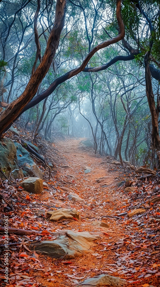 Serene Misty Trail Through Lush Green Forest Landscape Serene Misty Trail Through Lush Green Forest Landscape