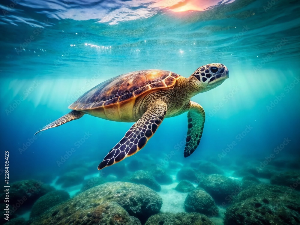 Obraz premium Vintage Sea Turtle in Ocean, Majestic Underwater Wildlife, Retro Aquatic Photography