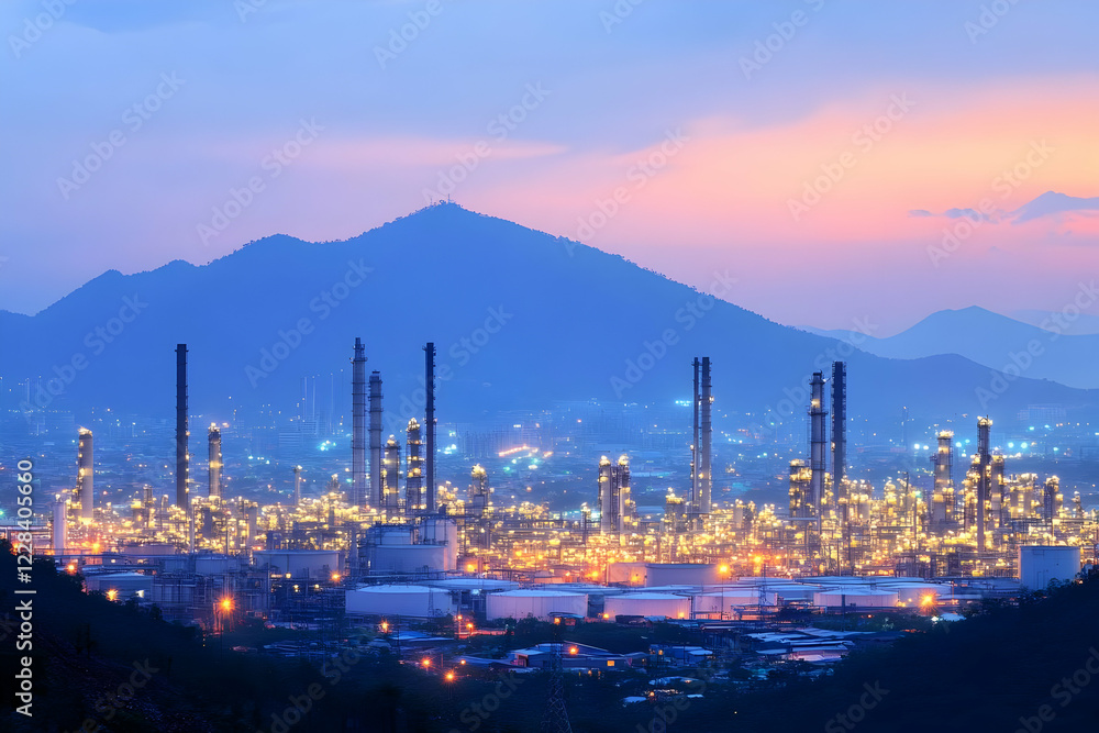 Fototapeta premium Illuminated Refinery Complex at Twilight with Majestic Mountains in the Background