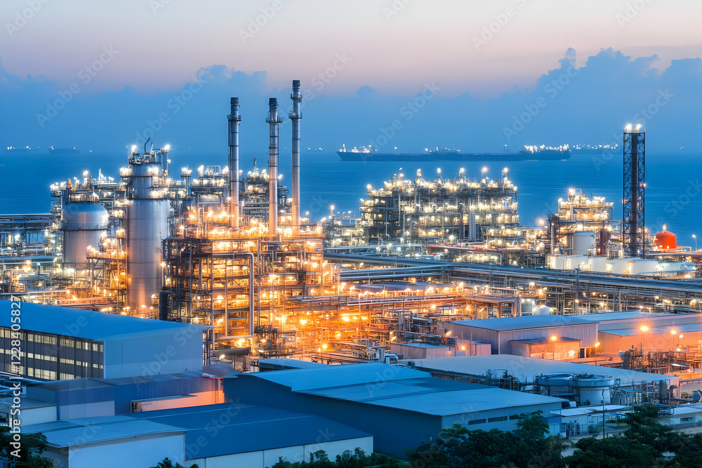 Fototapeta premium Illuminated Industrial Refinery Complex Stands Tall at Dusk with Ocean Vessels in the Distance