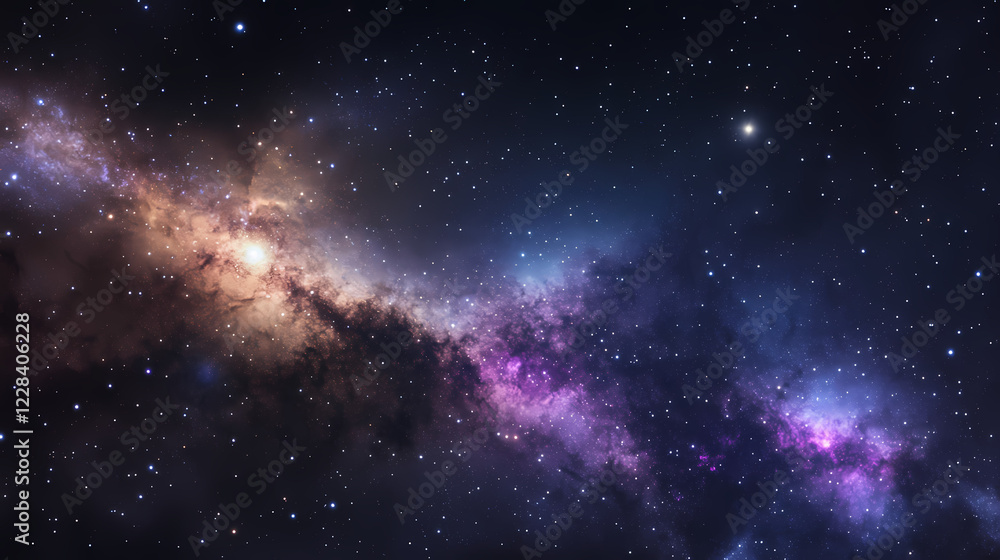Naklejka premium Night sky with milky way near sagittarius constellation, bright kaus borealis star in lower middle, purple lagoon and trifid nebula visible. long exposure stacked photo. Stellar Lagoon. Illustration