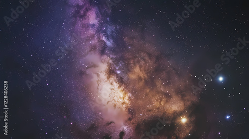 Night sky with milky way near sagittarius constellation, bright kaus borealis star in lower middle, purple lagoon and trifid nebula visible. long exposure stacked photo. Stellar Lagoon. Illustration photo