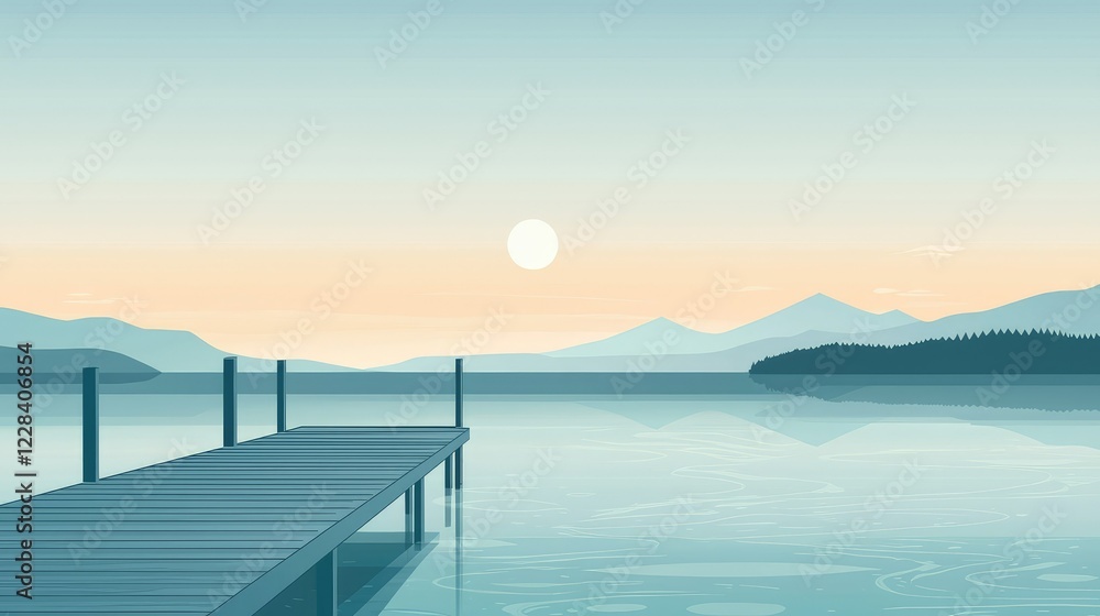 Fototapeta premium Tranquil Lake Scene with Dock, Mountains, and Soft Sunrise Colors