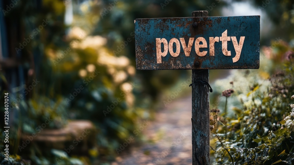 Rustic Wooden Sign with Bold Text 'Poverty' Amidst a Natural Setting Highlighting Socioeconomic Challenges and Environmental Backdrop Rustic Wooden Sign with Bold Text 'Poverty' Amidst a Natural Setting Highlighting Socioeconomic Challenges and Environmental Backdrop