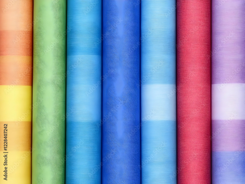 Colorful Rolled Fabrics Display a Spectrum of Textures and Hues Close Up Colorful Rolled Fabrics Display a Spectrum of Textures and Hues Close Up