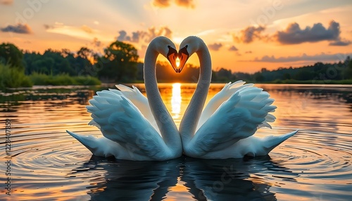 Fototapeta Naklejka Na Ścianę i Meble -  Two swans making a heart shape sunset landscape