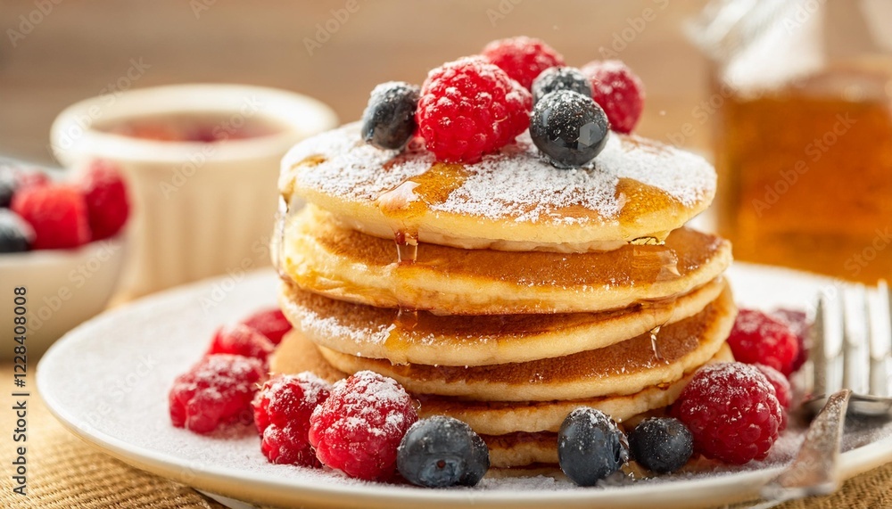 A stack of fluffy pancakes topped with maple syrup, fresh berries, and a dusting of powdered sugar. A stack of fluffy pancakes topped with maple syrup, fresh berries, and a dusting of powdered sugar.