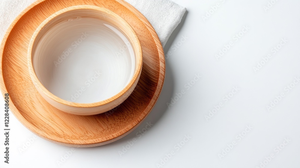 Minimalist wooden and ceramic tableware on white background Minimalist wooden and ceramic tableware on white background