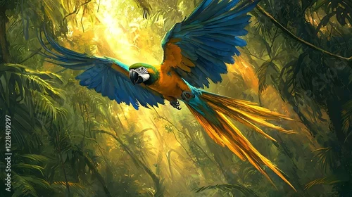 Obraz A vivid and stunning depiction of an African parrot in flight its colorful feathers glistening as it soars gracefully through the dense verdant jungle canopy