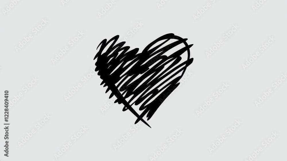 Obraz premium An artistic, hand-drawn black heart symbol, characterized by rough, sketchy lines, on a soft, light background, conveying emotions of love and passion.