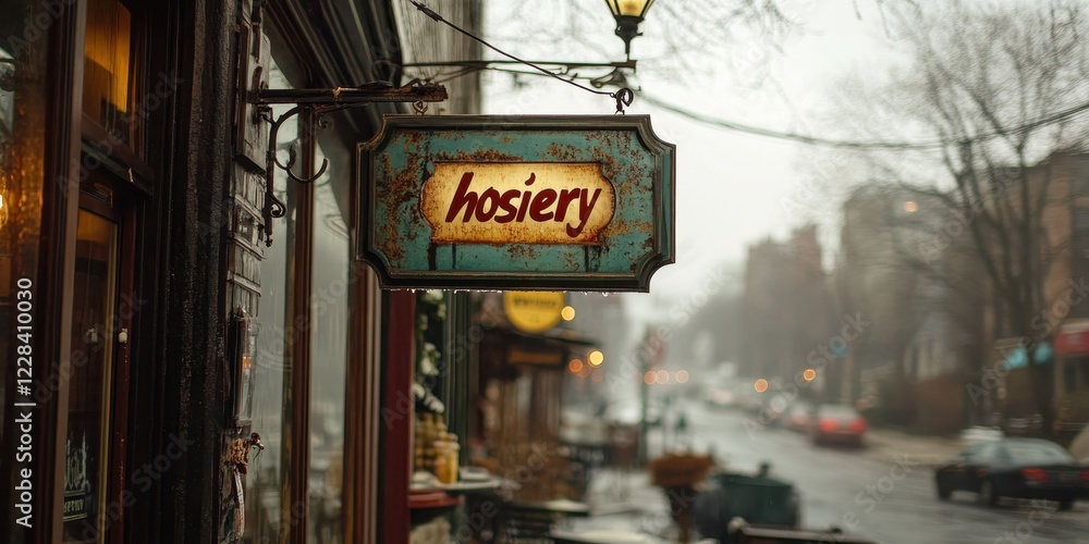Obraz premium Vintage Hosiery Store Sign on a Misty Street in a Historic District Capturing the Charm of Early Morning Ambiance with Overcast Skies