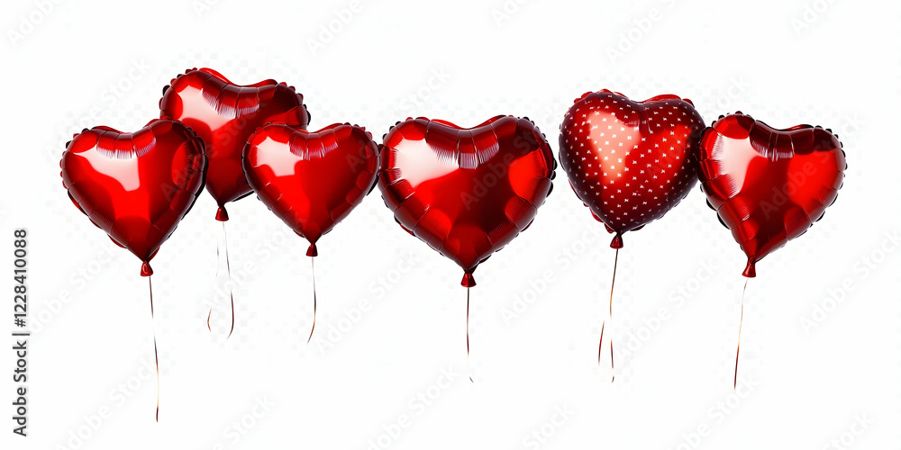 Red Heart-Shaped Balloons Float Elegantly Against a Pristine White Backdrop Red Heart-Shaped Balloons Float Elegantly Against a Pristine White Backdrop