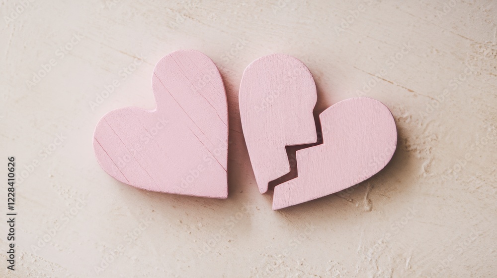 Fototapeta premium Two pastel pink wooden hearts, one whole and one broken, symbolizing love and heartbreak in a serene and minimalist setting.