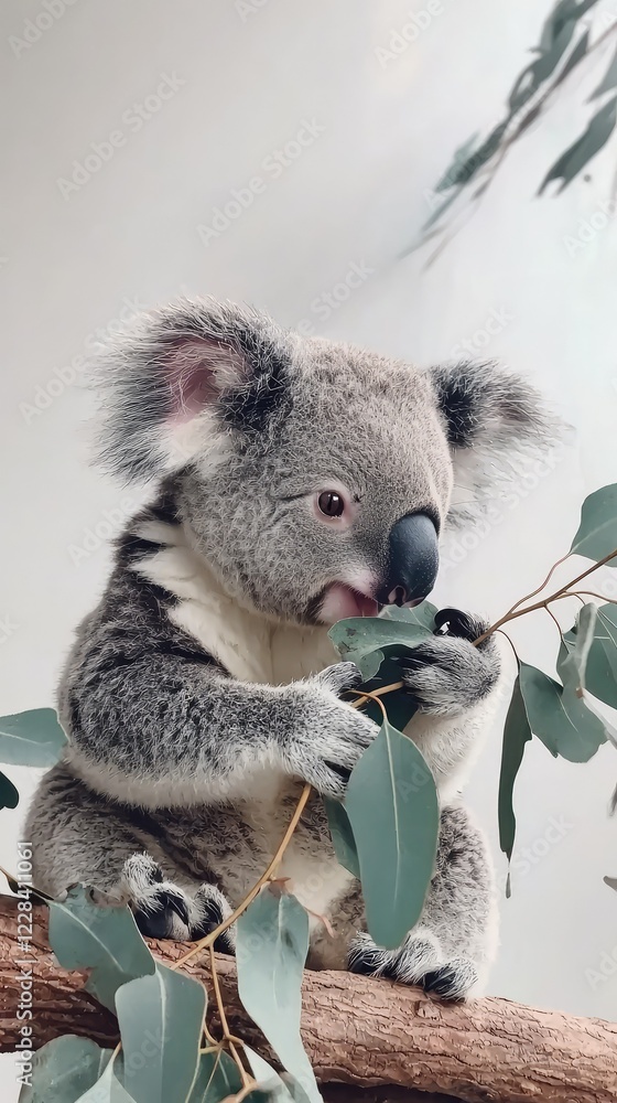 Obraz premium Koala Eating Eucalyptus Leaves on a Branch in Natural Setting