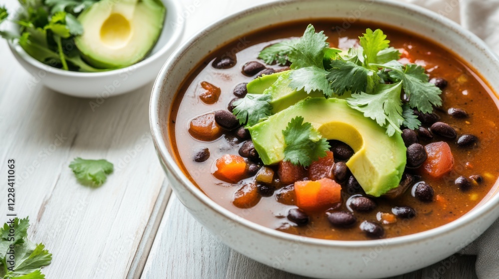 A hearty and flavorful black bean soup with a rich tomato base, topped with avocado slices and fresh cilantro, served in a white ceramic bowl A hearty and flavorful black bean soup with a rich tomato base, topped with avocado slices and fresh cilantro, served in a white ceramic bowl