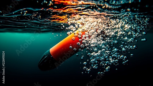 Underwater orange buoy rising, bubbles, dark water, oceanographic research