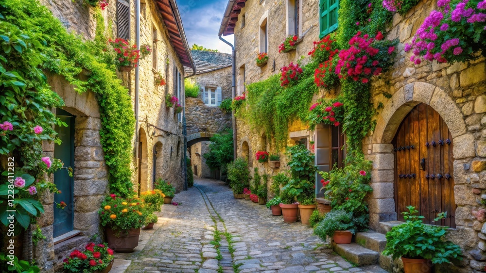 Fototapeta premium A narrow cobblestone street lined with ancient stone buildings and overhanging eaves, surrounded by lush greenery and vibrant flowers , pictureseque old town, stone buildings