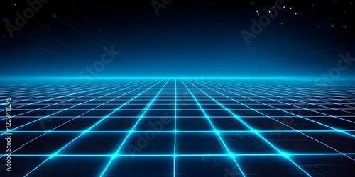 Abstract blue grid background stretches infinitely under a dark  starry sky with light streaks.