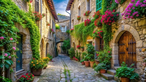 A narrow cobblestone street lined with ancient stone buildings and overhanging eaves, surrounded by lush greenery and vibrant flowers , pictureseque old town, stone buildings photo