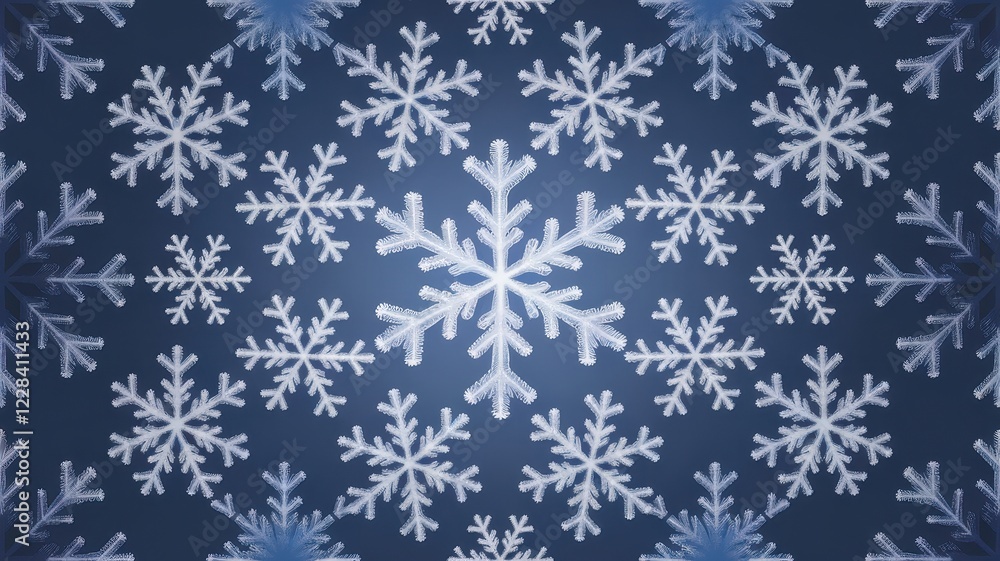 A mesmerizing pattern of intricate snowflakes on a deep blue background, evoking a serene winter wonderland. A mesmerizing pattern of intricate snowflakes on a deep blue background, evoking a serene winter wonderland.