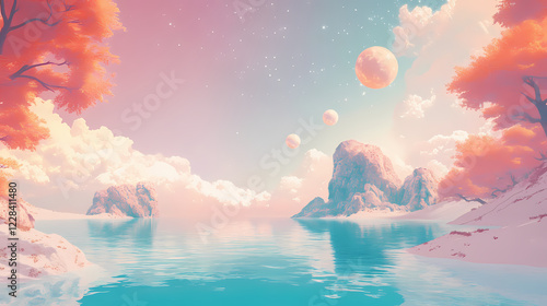 Distant worlds converge in a quiet lagoon. Stellar Lagoon. Illustration photo