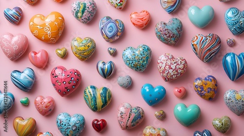 Colorful heart shaped ornaments scattered across a soft pink background creating a cheerful Valentine s theme