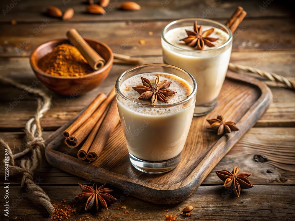Warm Creamy Horchata with Cinnamon & Star Anise - Rustic Wooden Table Stock Photo Warm Creamy Horchata with Cinnamon & Star Anise - Rustic Wooden Table Stock Photo