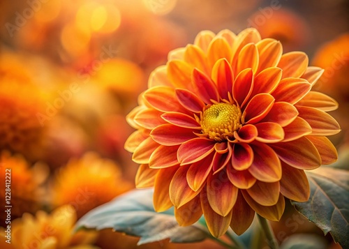 Warm Orange Flower Close-Up with Yellow Leaves - Autumnal Bloom Stock Photo