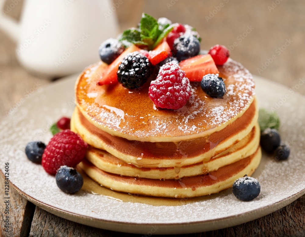 A stack of fluffy pancakes topped with maple syrup, fresh berries, and a dusting of powdered sugar. A stack of fluffy pancakes topped with maple syrup, fresh berries, and a dusting of powdered sugar.