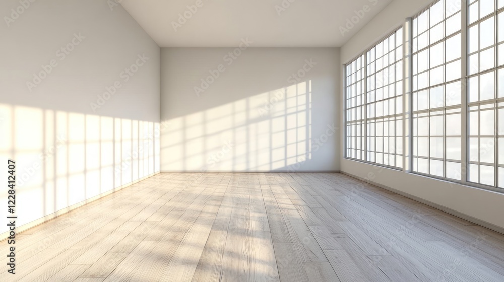 Sunlight Streaming Through Large Windows in Empty Room Sunlight Streaming Through Large Windows in Empty Room