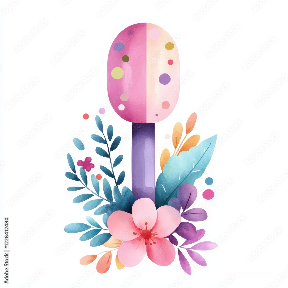 Baby shower celebration blessing concept. Colorful egg surrounded by vibrant flowers and leaves in a whimsical design.