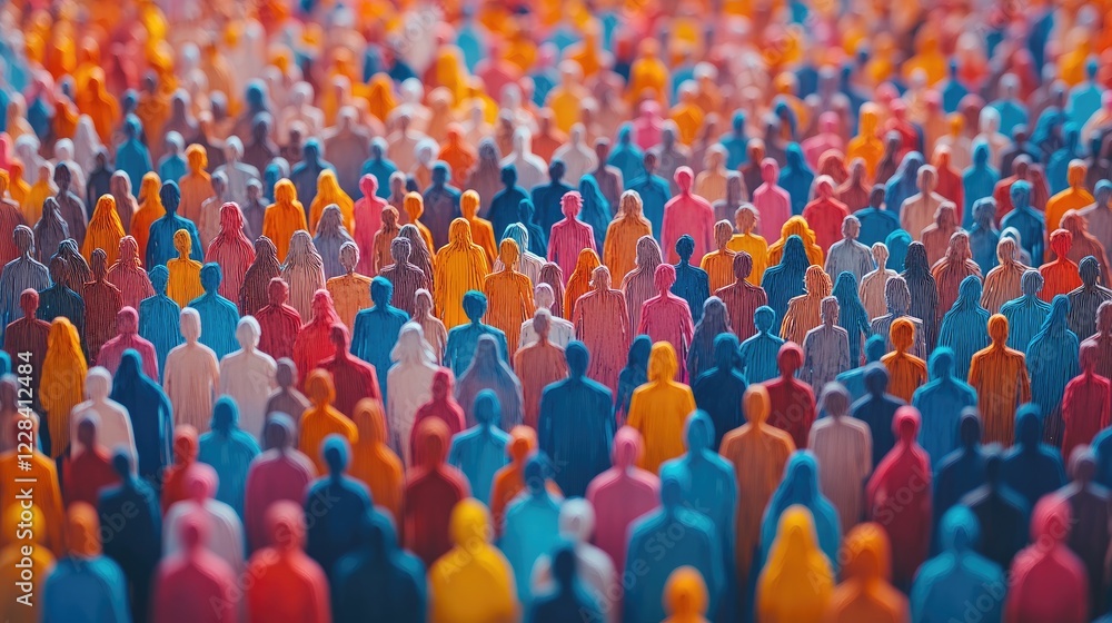 Obraz premium Colorful crowd of miniature figures standing together, showcasing diversity and unity in a vibrant setting