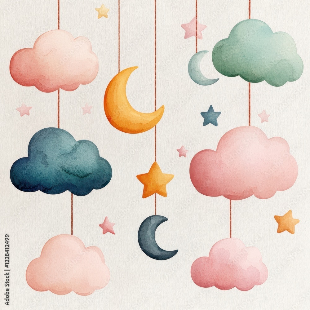 Baby shower celebration blessing concept. Playful watercolor clouds, moons, and stars hanging in a whimsical design.