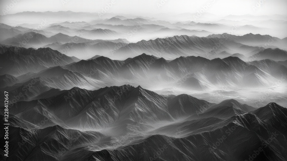 Aerial view of majestic mountain ranges shrouded in mist, creating a serene, monochromatic landscape Aerial view of majestic mountain ranges shrouded in mist, creating a serene, monochromatic landscape