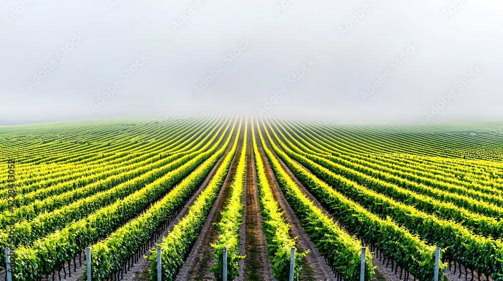 Vineyard rows, misty sunrise, rural landscape, wine production Vineyard rows, misty sunrise, rural landscape, wine production