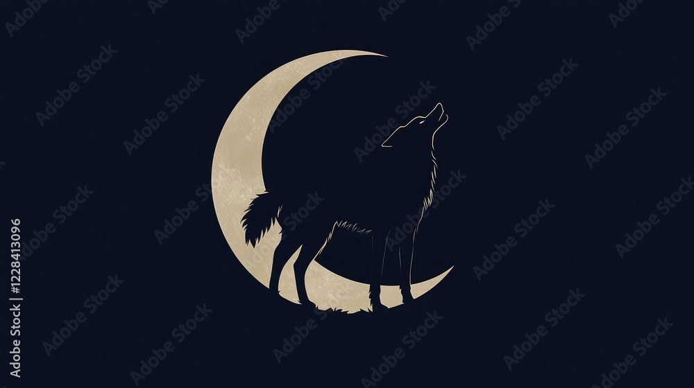 Obraz premium Lone Wolf Howling at Night Under a Large Moon Illustration