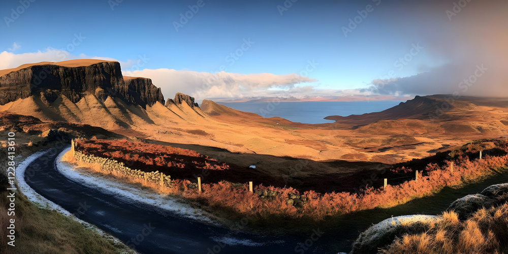 Fototapeta premium A winding road leads through a frosted valley, past rugged cliffs and a serene bay under a partly cloudy sky.