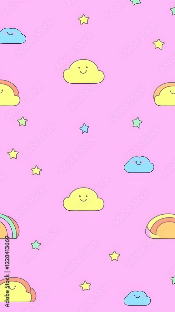 Cute Smiling Clouds and Stars Float Gently on a Pink Background, a Whimsical Illustration. Cute Smiling Clouds and Stars Float Gently on a Pink Background, a Whimsical Illustration.