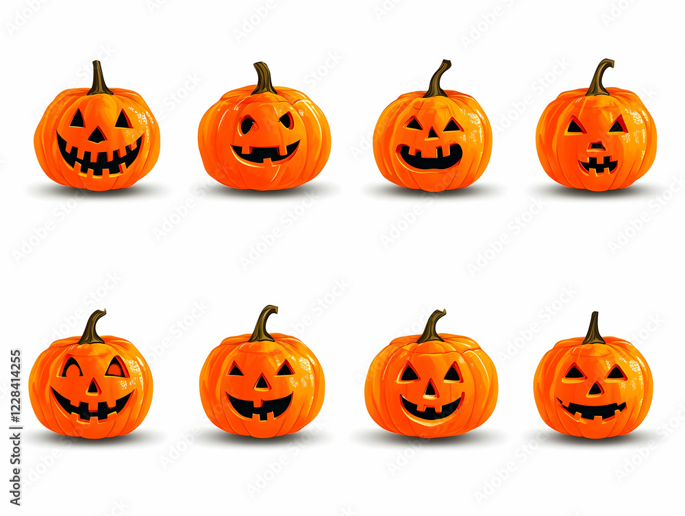 Eight Illustrated Jack-o'-lanterns Display Various Expressions on a White Background Eight Illustrated Jack-o'-lanterns Display Various Expressions on a White Background