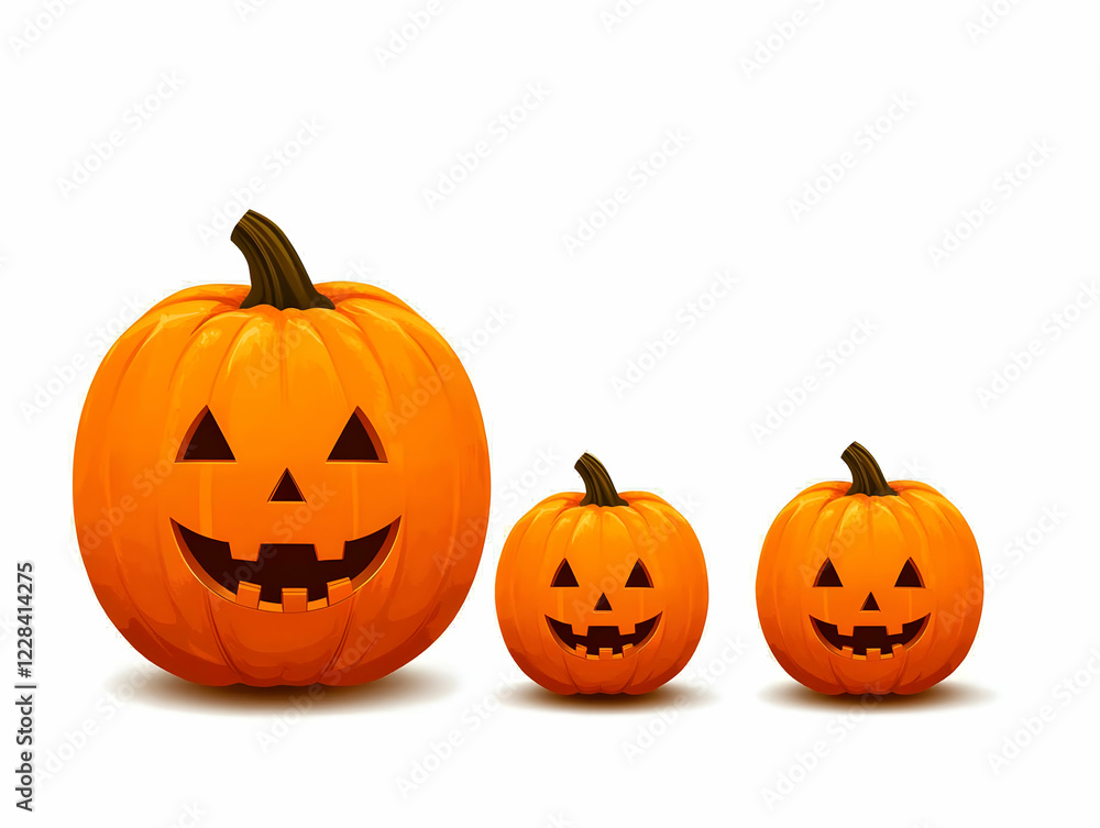 Three Carved Pumpkins Smile Brightly on a White Background for Halloween Three Carved Pumpkins Smile Brightly on a White Background for Halloween