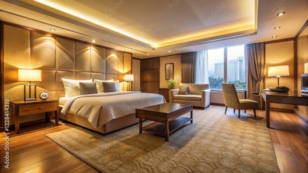Naklejka premium A warm and inviting hotel room with a plush carpet, modern furniture